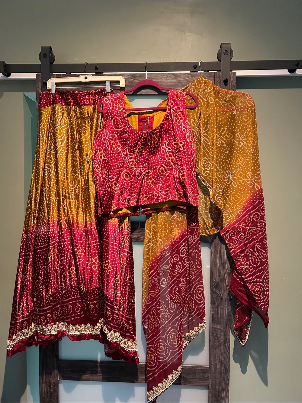Red and Mustard Three-Piece Sari Set